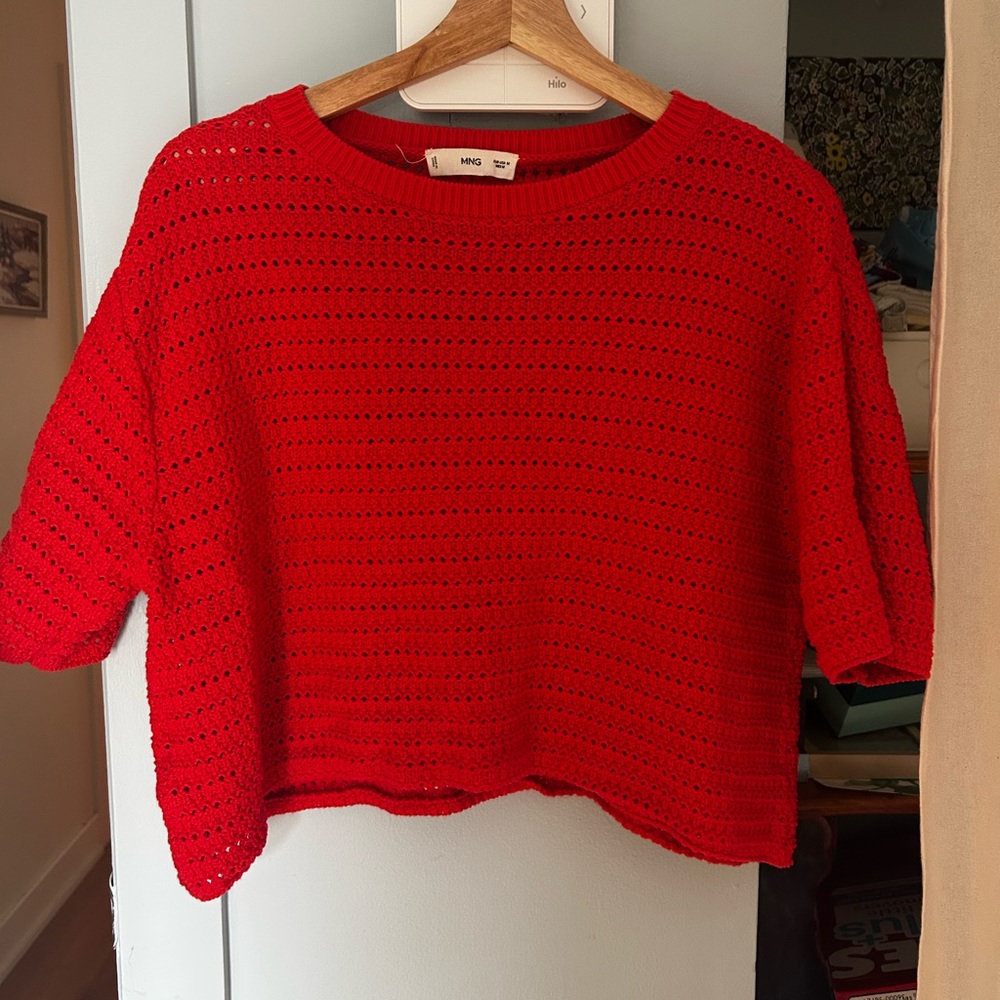 Mango Bright Red Cropped Open-Knit Sweater
